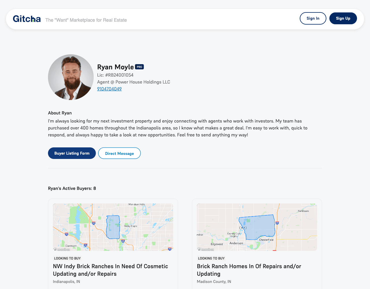 A public Gitcha.com agent profile with photo, bio, license, brokerage and the agent's active buyers.