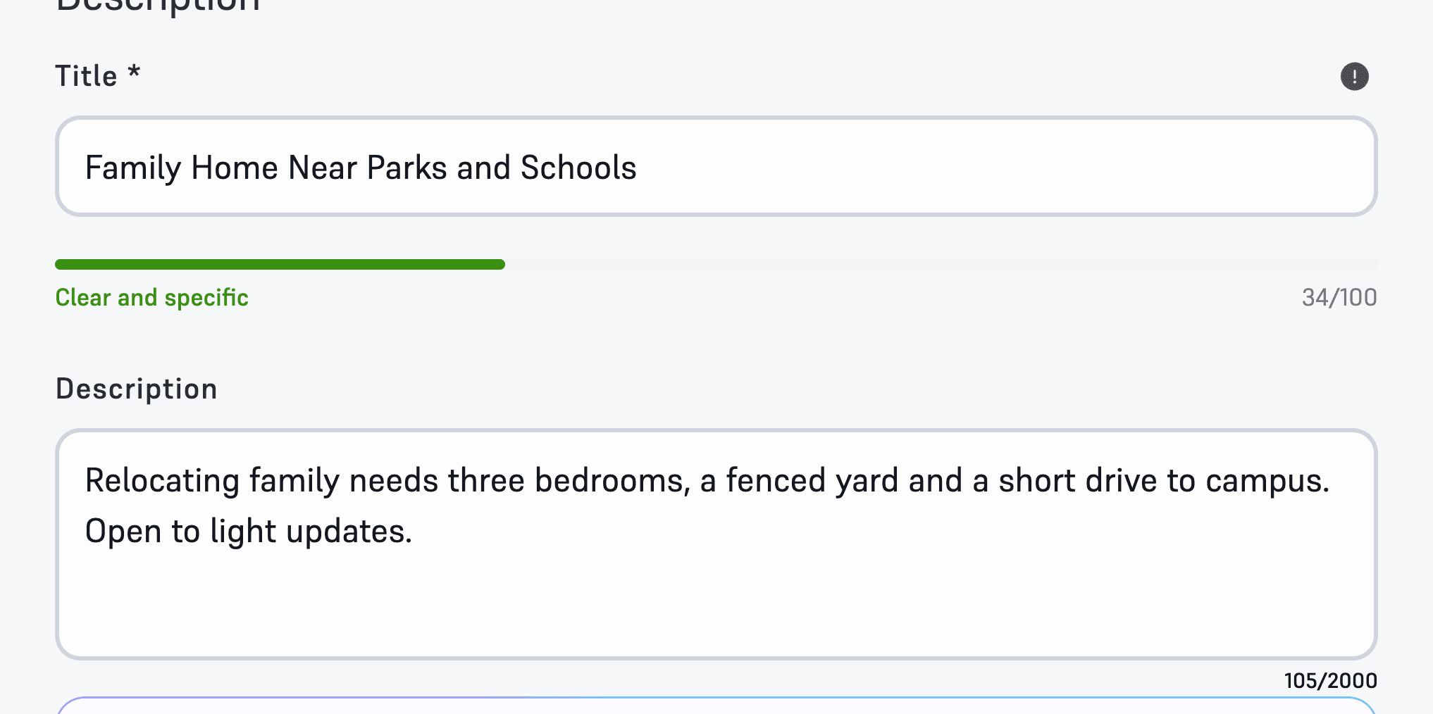 The title and description fields of the Want-Listing form, filled in.