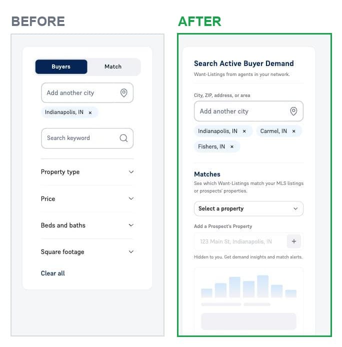 The left search panel, before and after