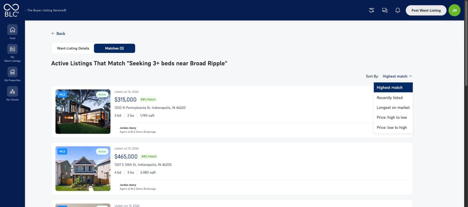 Sort options on a matches page