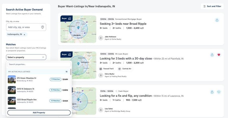 The property selector, grouped into MLS listings and prospect properties