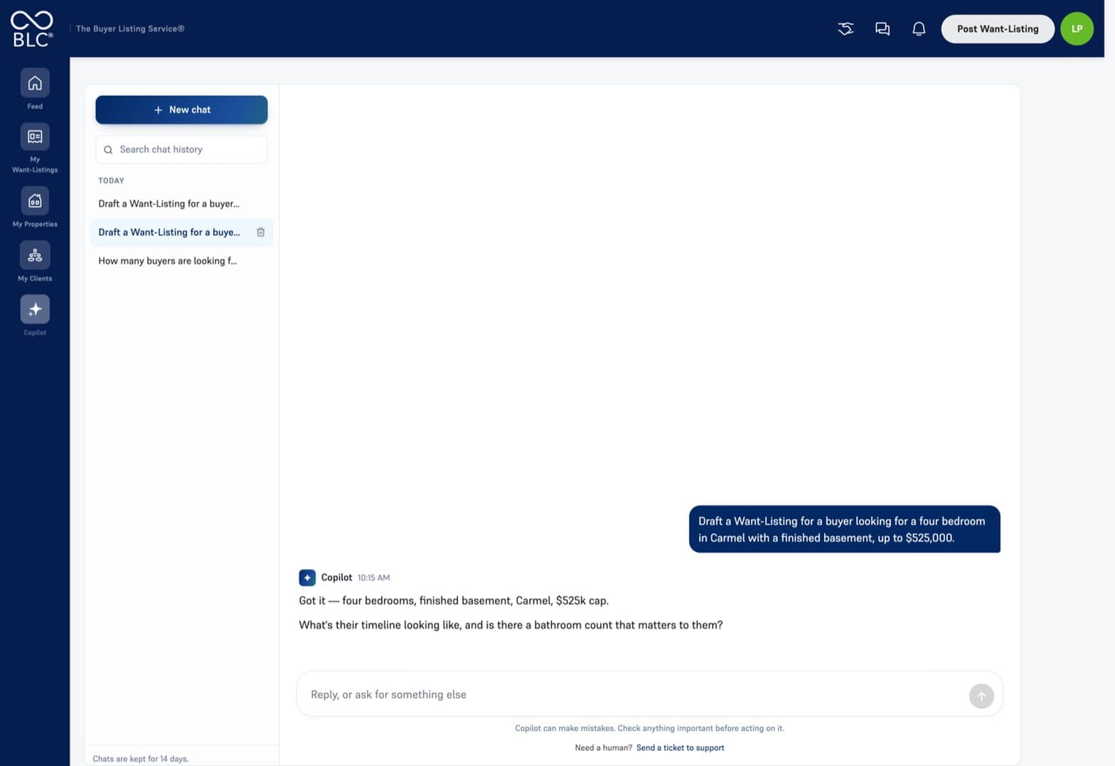 Genie AI responding to a set of Want-Listing criteria